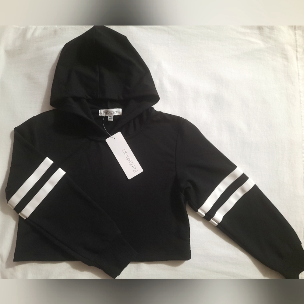 NWT Perfashion black cropped Hoodie CROP TOP stripes Sz 8-10 Girls